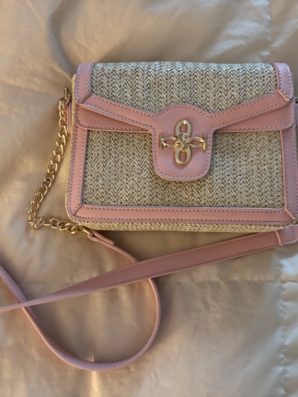 Woven Straw Crossbody Bag with Pink Trim